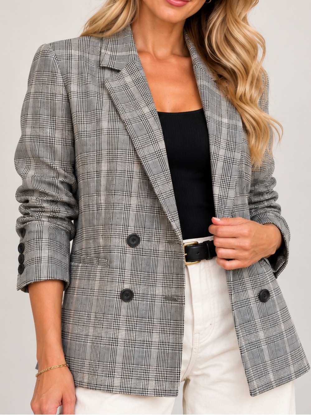 Takara Plaid Double Breasted Blazer Glen Check Gray Black Size M